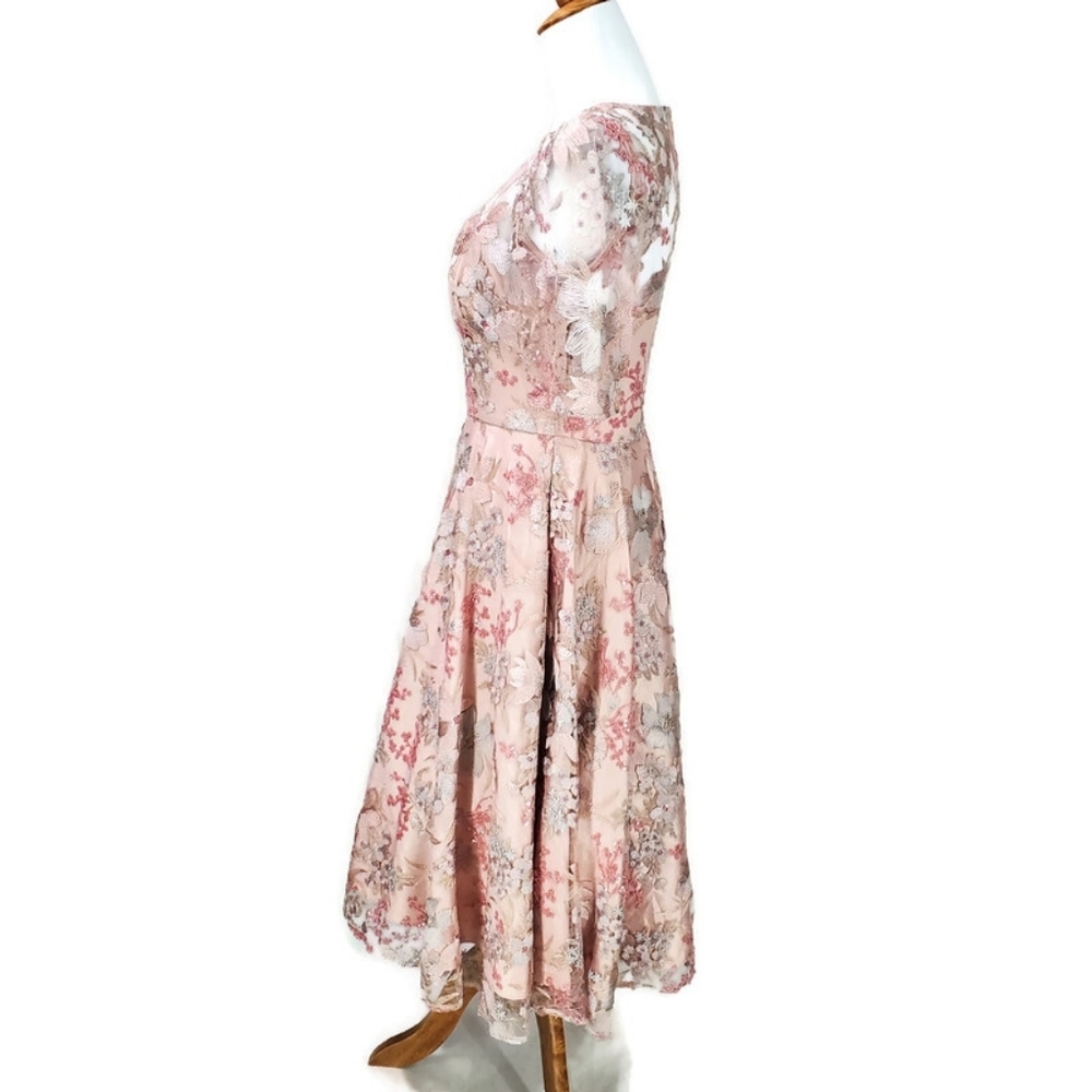 Eliza J Pink Embroidered Lace Overlay Fit & Flare Midi Dress Girly Glinda Spring - Picture 9 of 14
